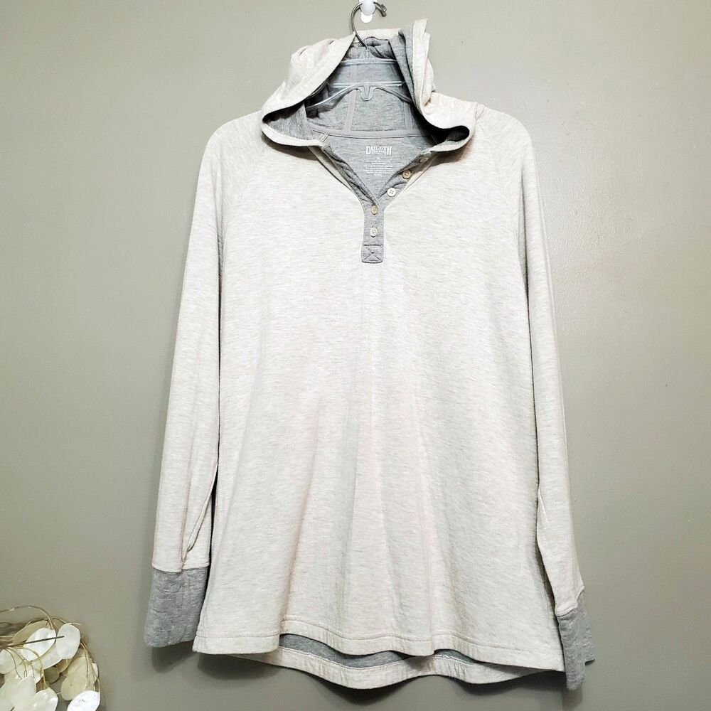 Duluth Trading Co Hooded Henley Shirt Womens Size XL Heathered Tan Gray Pullover